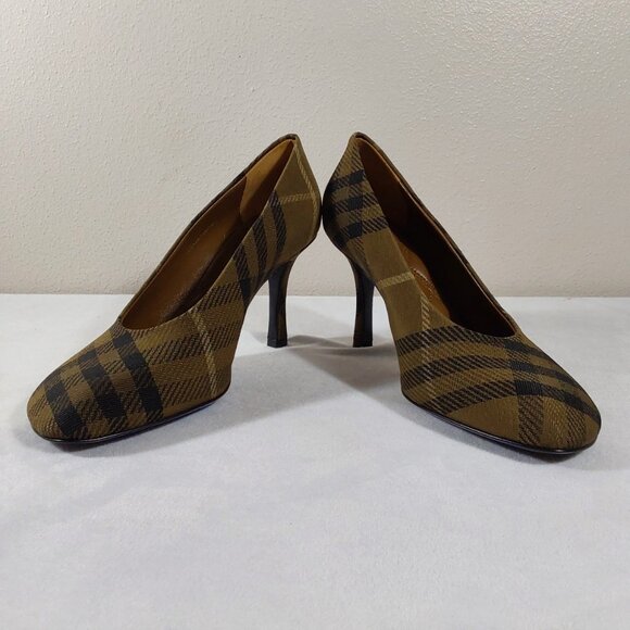 NIB! Burberry Baby Check Knit Stiletto Pump in Furrow/Olive Green - 38 (8) - Picture 8 of 15